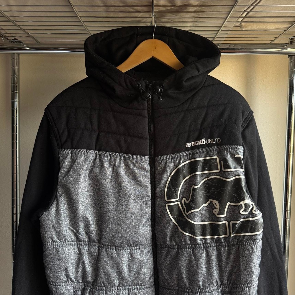 Ecko Unltd Puffer Hoodie Black Grey Colorblock Rhino Logo Y2K Mens Large